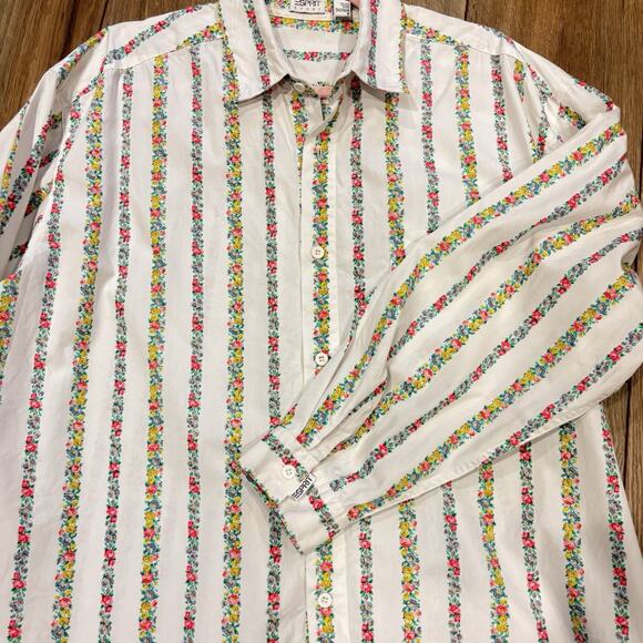 VINTAGE Esprit Sport Button Shirt Blouse Women’s Large White Petite Flowers 90s - Picture 1 of 8